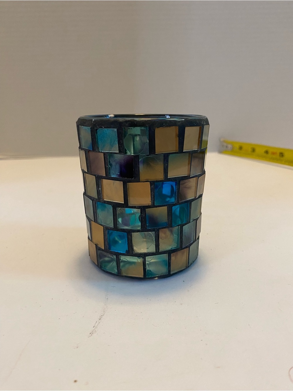 Mosaic candle holder 3.5”x 3” blue, Tan , Teal Multi Colored Glass Votive - Picture 2 of 7